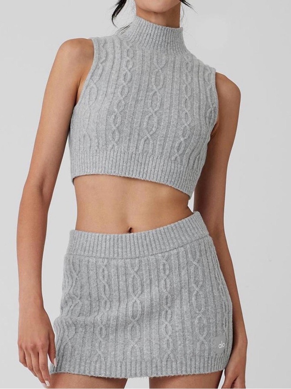 ALO Yoga Gray Cable-Knit Sleeveless Mock Neck Sweater Vest